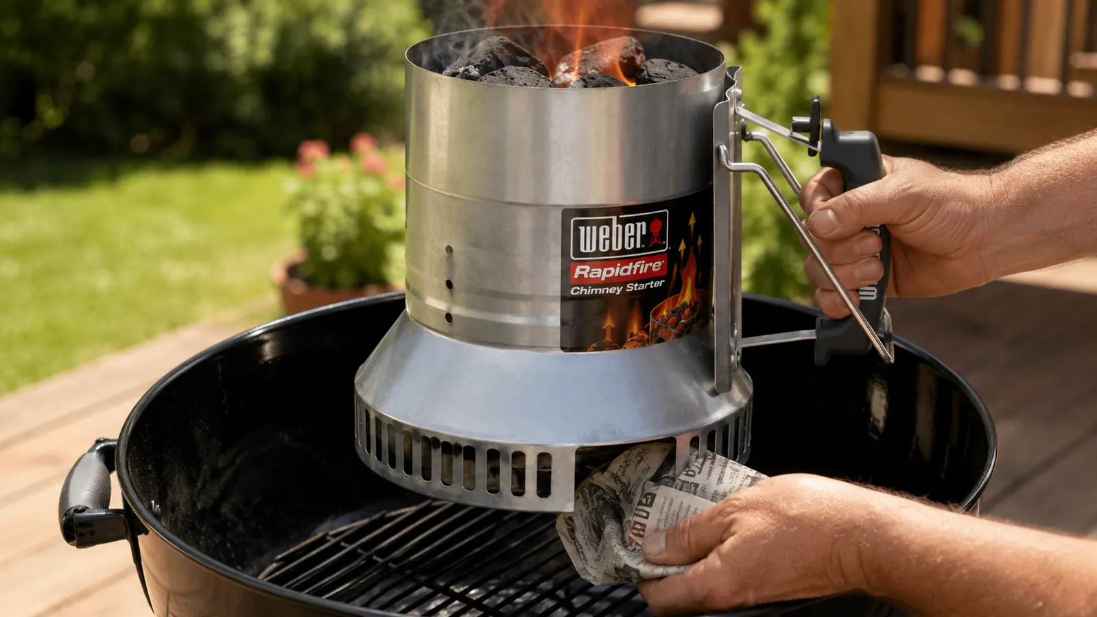 Hand pouring lit charcoal from a Weber chimney starter into a kettle grill