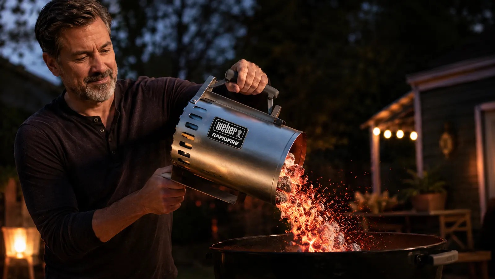 Weber chimney starter with newspaper tucked underneath, ready to light on a stone patio