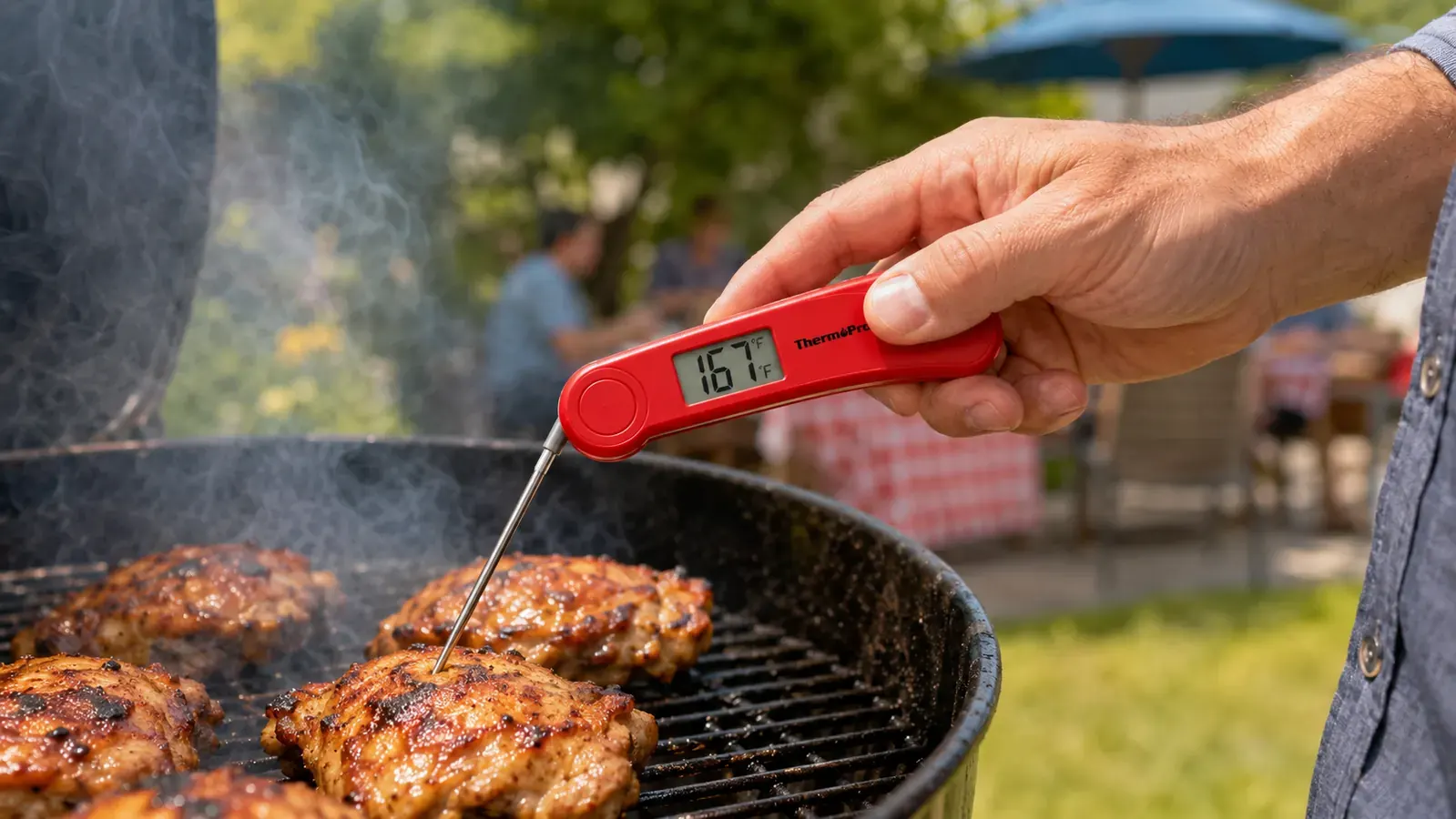 ThermoPro TP19H instant-read thermometer being inserted into a chicken thigh on a grill grate