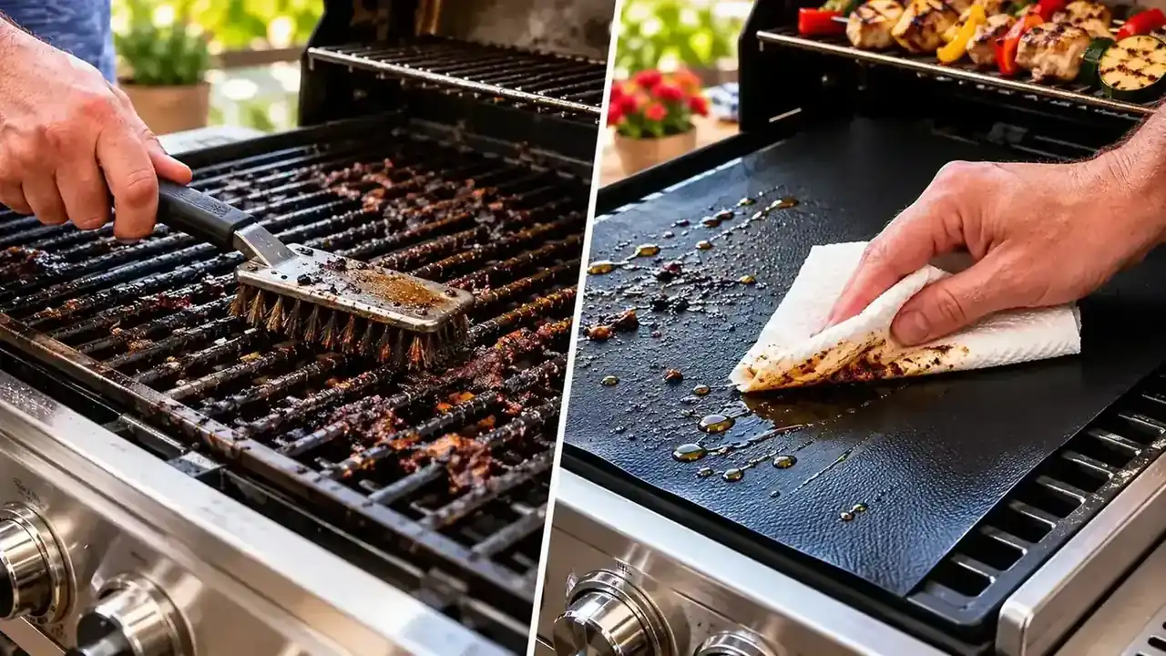 Person holding a clean grill mat under a garden hose, rinsing off grease after a cookout