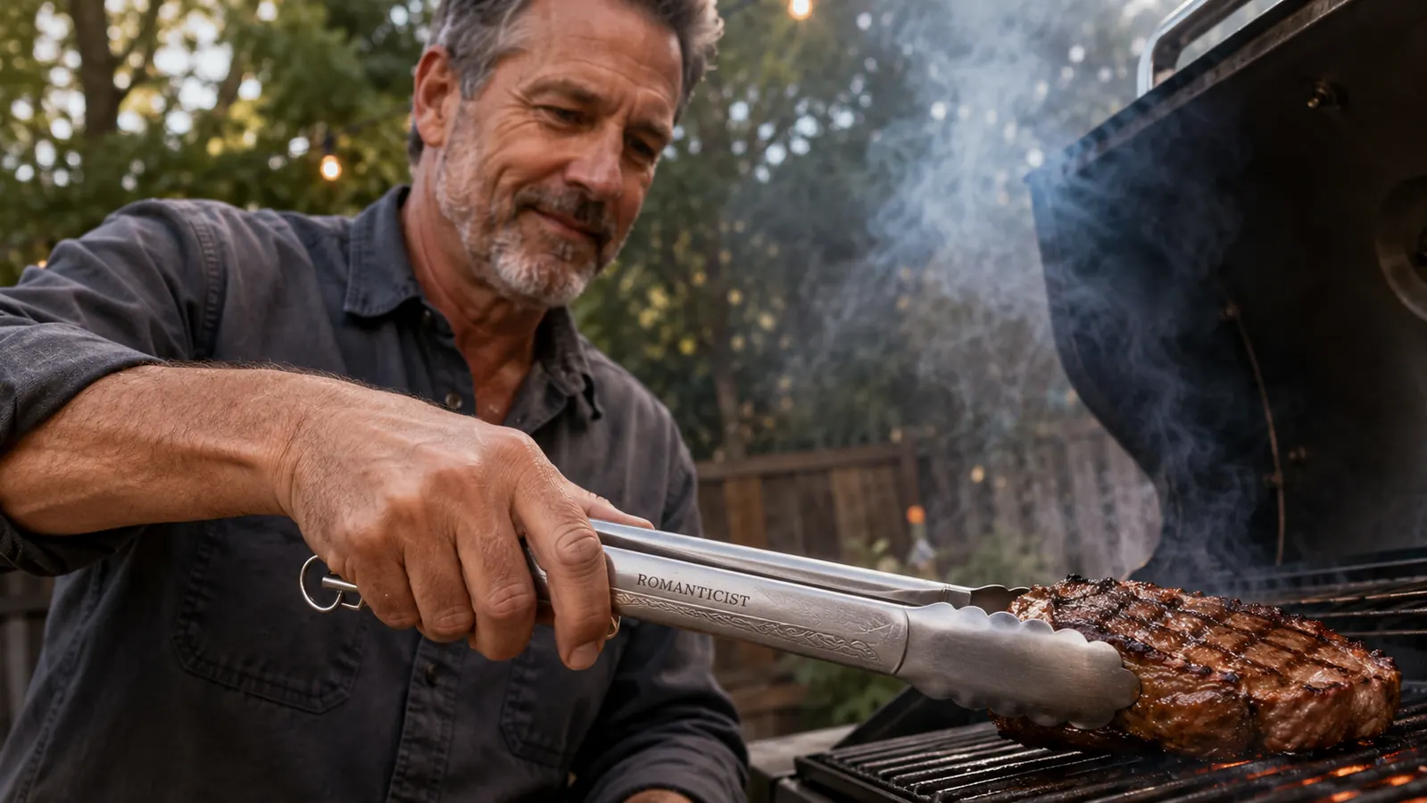 23-piece BBQ tool set laid out in a hard-shell carrying case on a picnic table