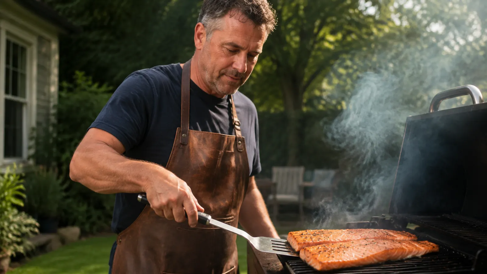Griller using long-handled fork to check a pork shoulder on a smoker, safety gloves on