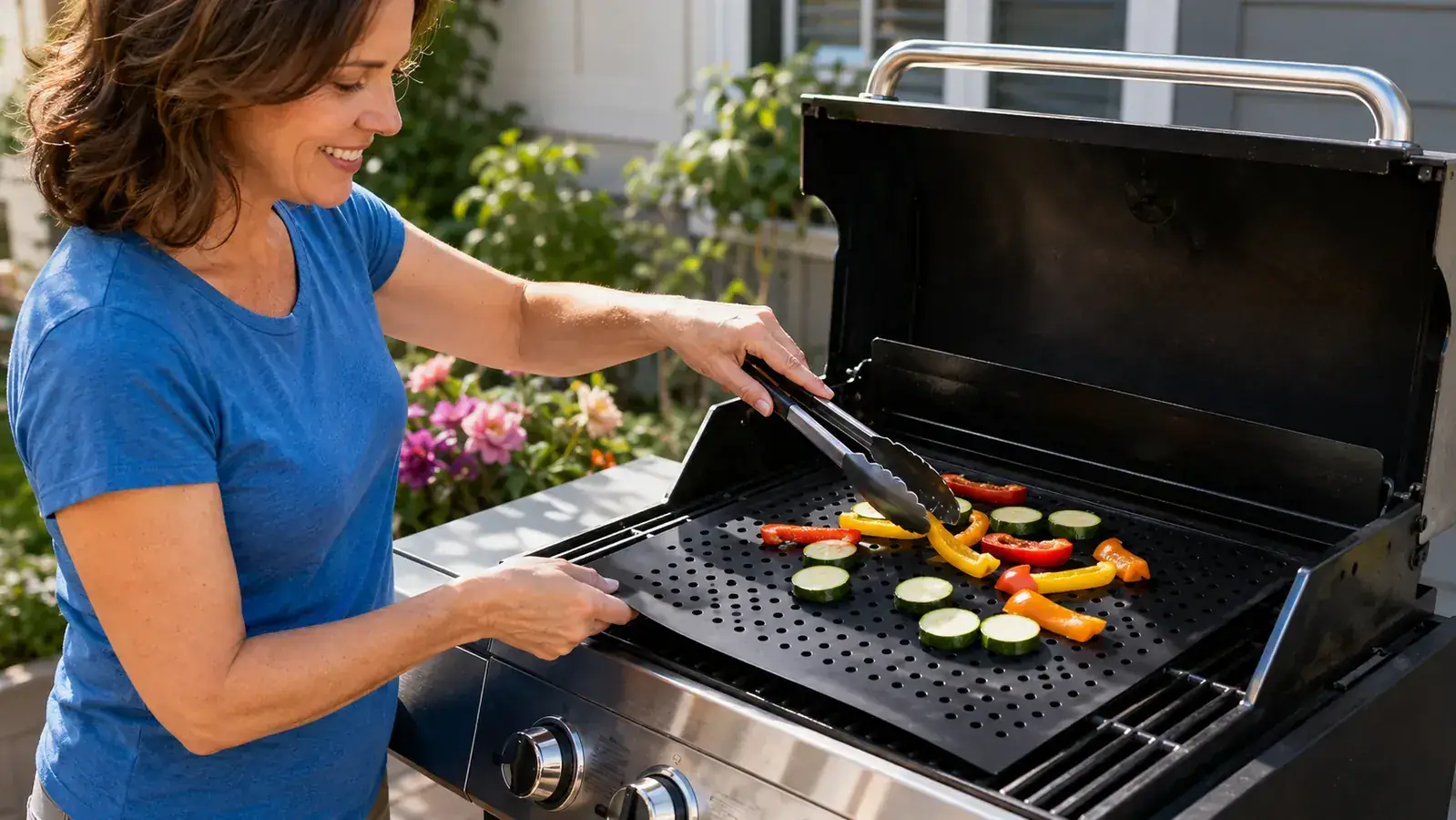 Hand placing a non-stick grill mat flat onto a charcoal grill grate before cooking