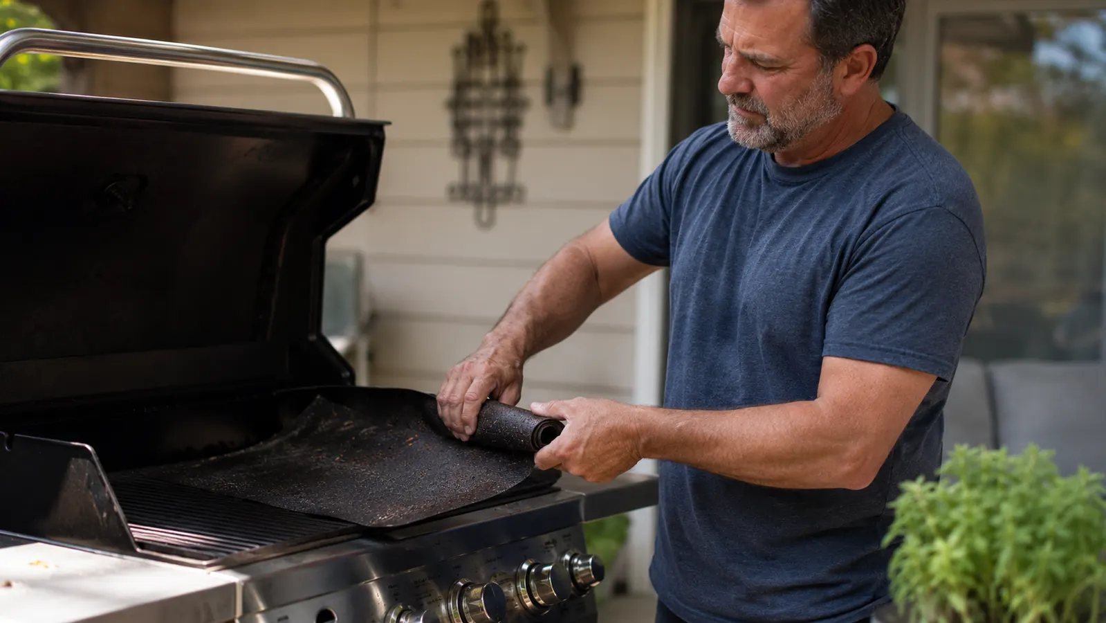 Man smiling at a backyard BBQ with a full plate of grilled shrimp and vegetables, family gathering in background