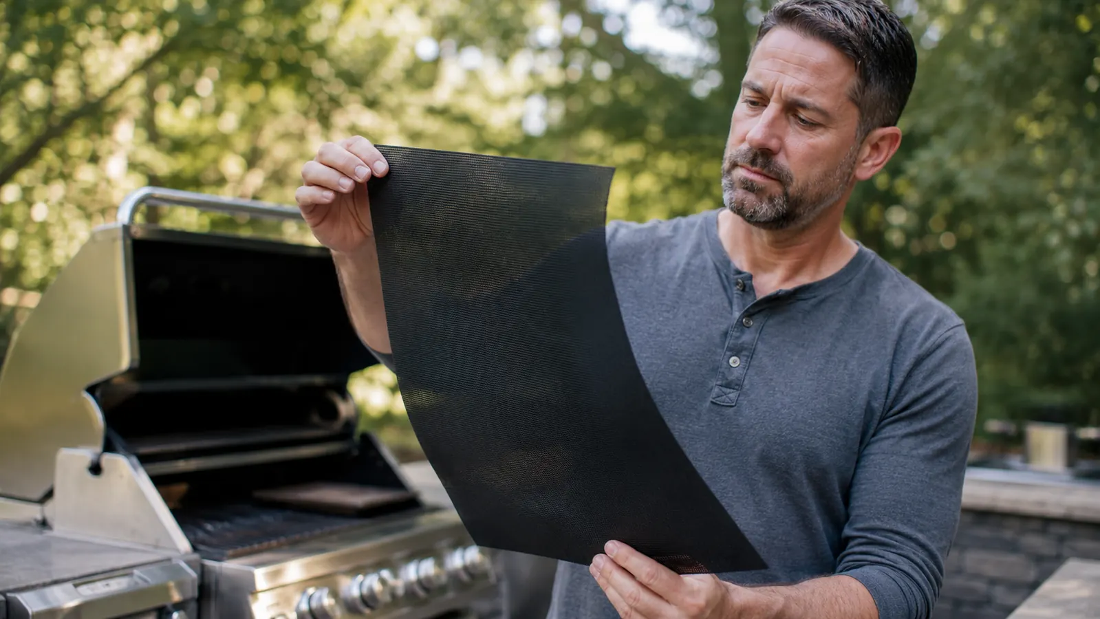 Digital thermometer probe inserted into a grill grate area showing a temperature reading above 500 degrees Fahrenheit
