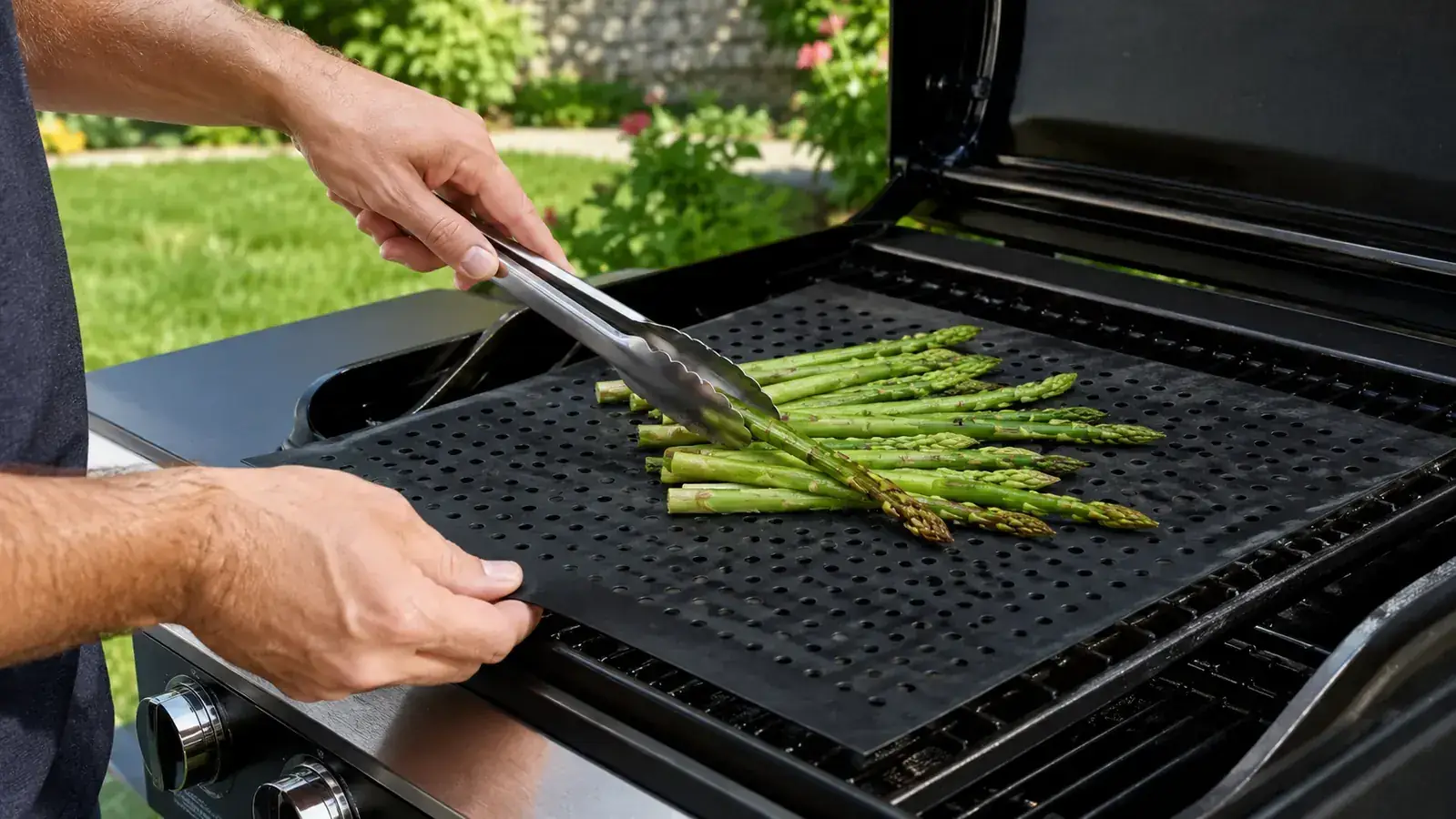 Hands placing a raw salmon fillet skin-side down on a black non-stick grill mat over glowing charcoal grates