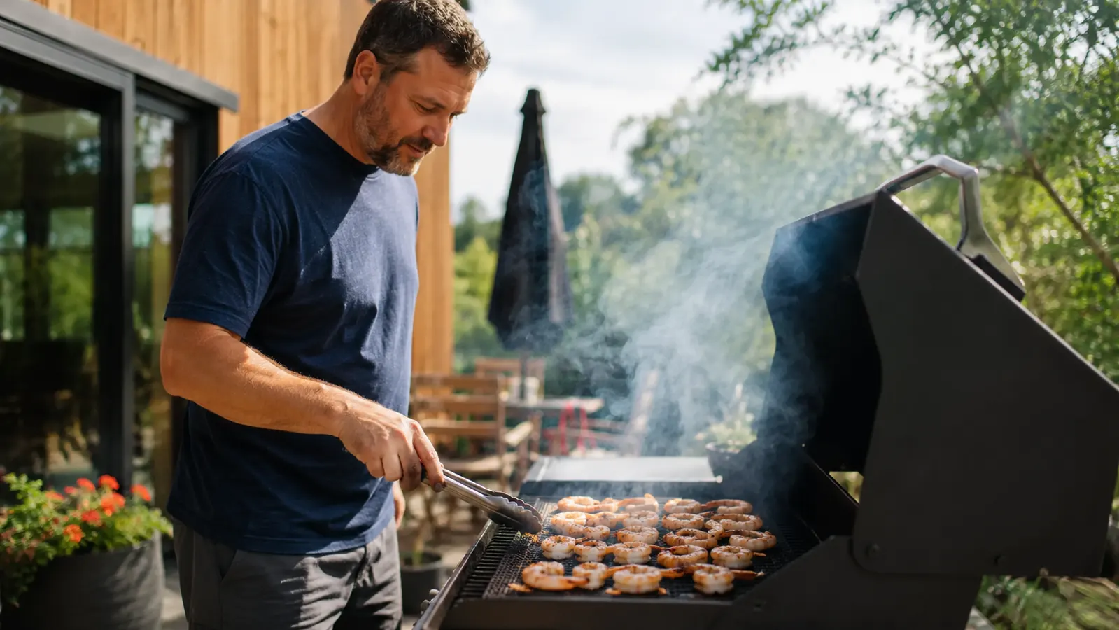 Non-stick grill mat being rinsed clean under a garden hose on a grass lawn after a grilling session