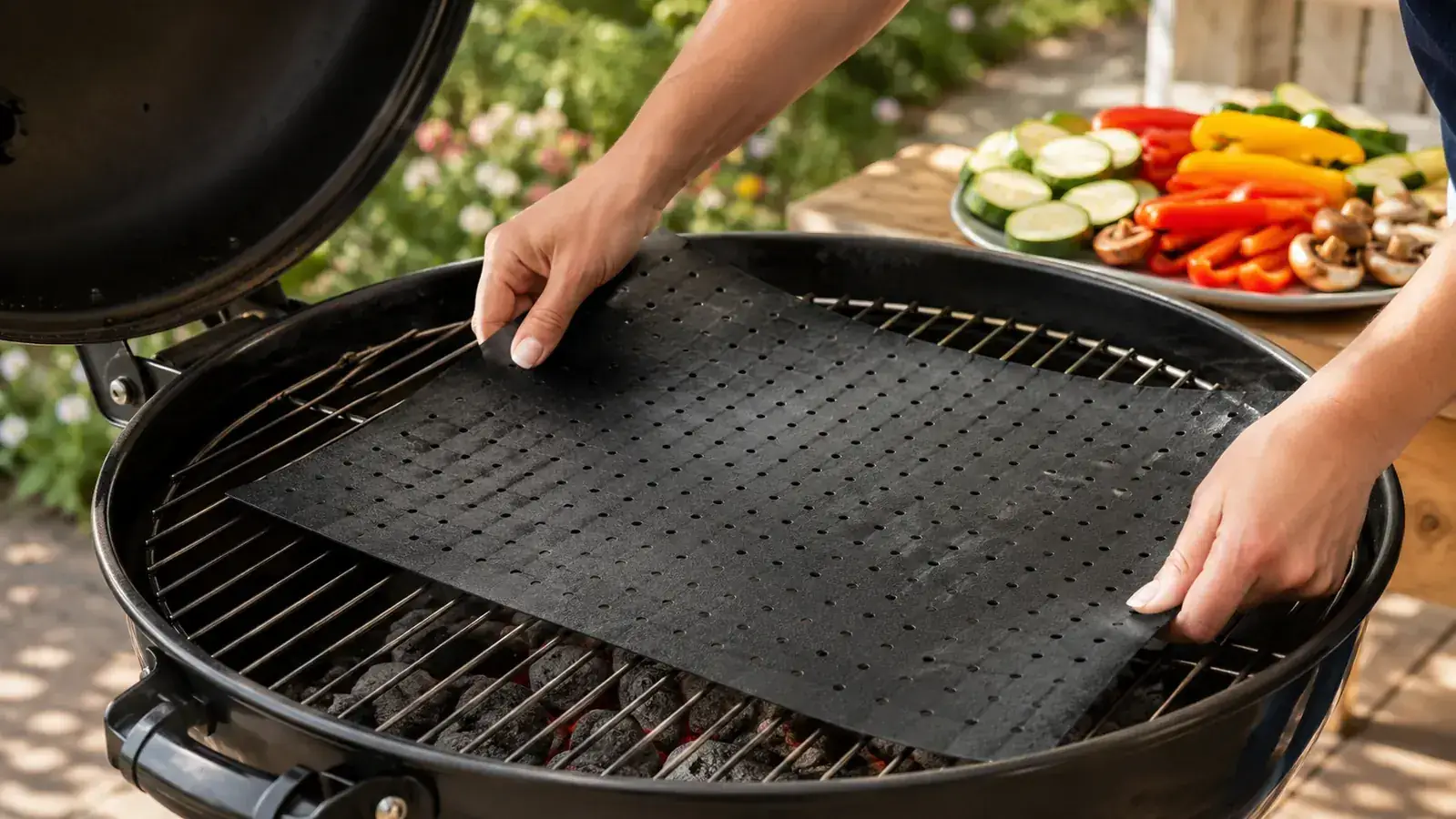Hand placing a non-stick grill mat flat onto charcoal grill grates before adding vegetables