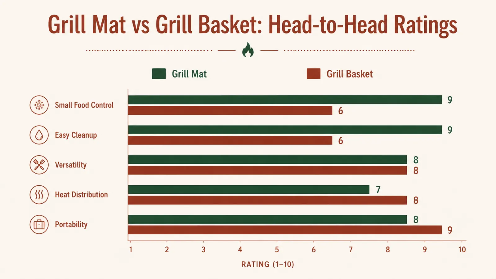 Side-by-side comparison chart of grill mat versus grill basket across seven categories