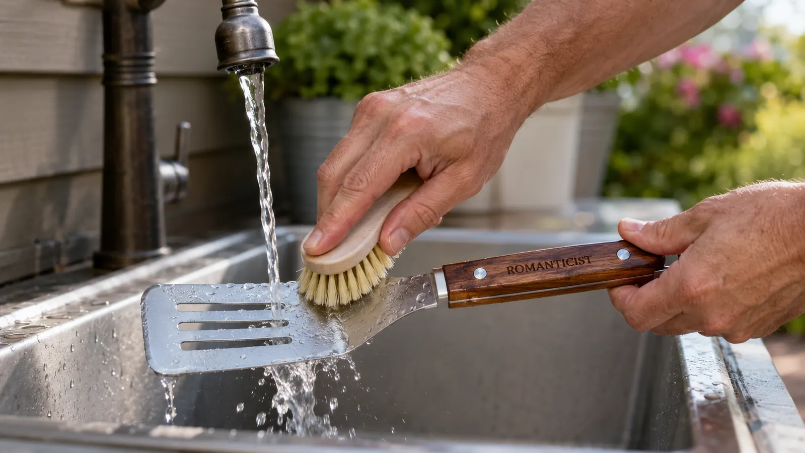 Hand scrubbing a stainless steel grill spatula with a brush over a utility sink, grease visible in soapy water