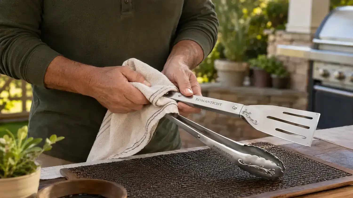 Stainless steel grill tongs and spatula soaking in a bucket of soapy hot water next to a grill