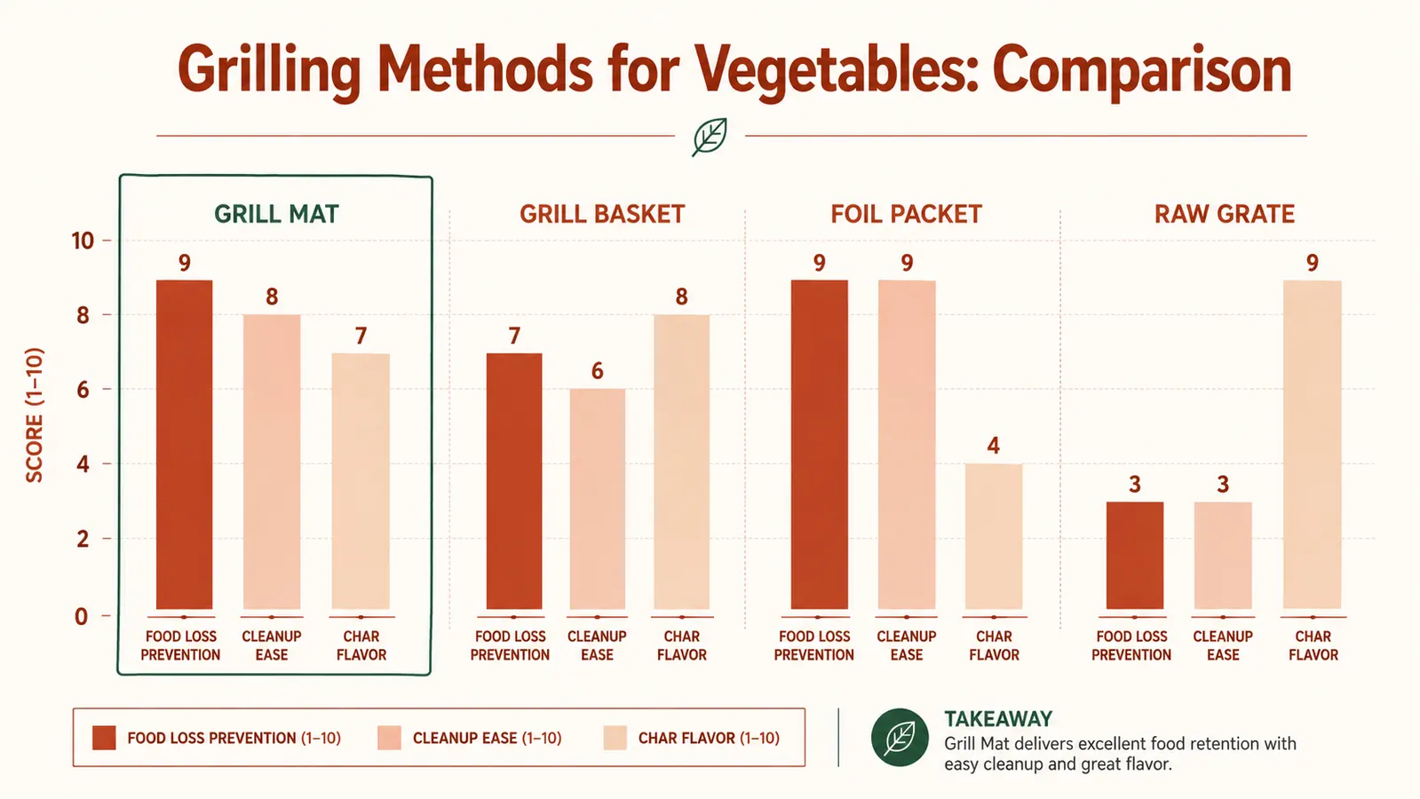Chart showing grill temperature ranges and cook times for common vegetables including asparagus, zucchini, mushrooms, peppers, and corn