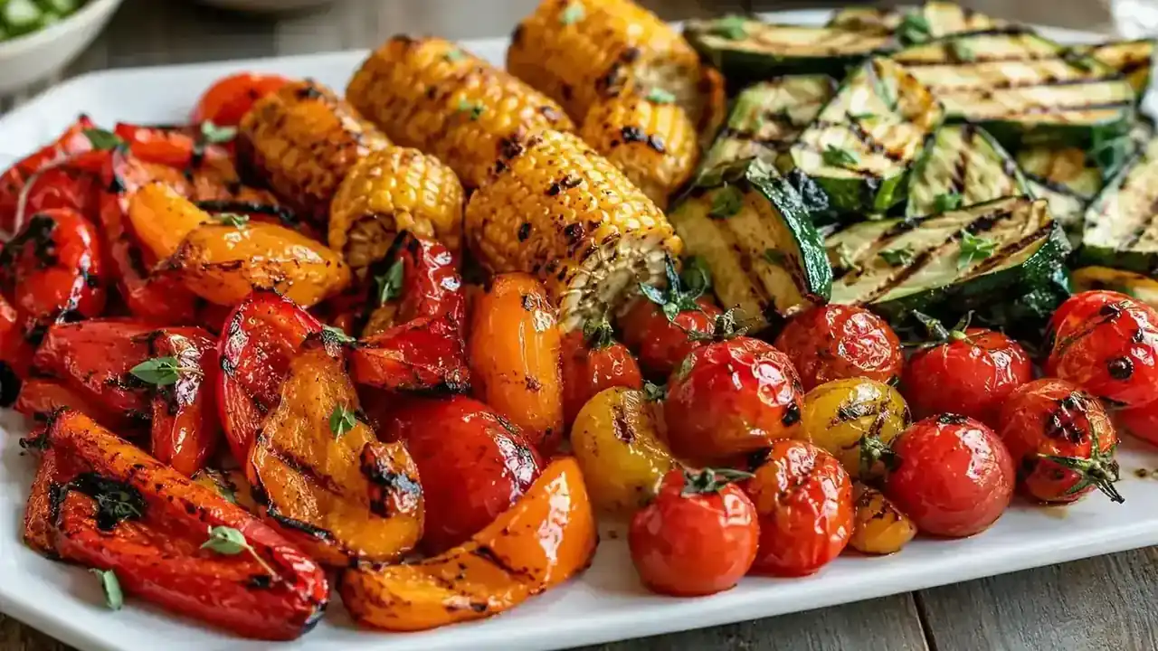 Finished grilled vegetable platter with char marks, drizzled with olive oil on a wooden serving board beside a backyard grill