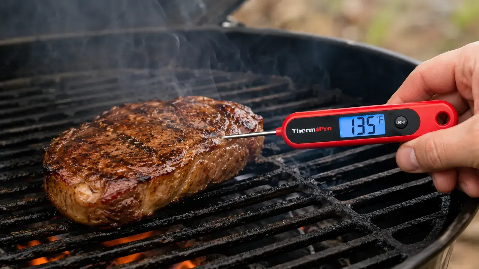 ThermoPro TP19H thermometer showing 130 degrees Fahrenheit while probing a steak from the side