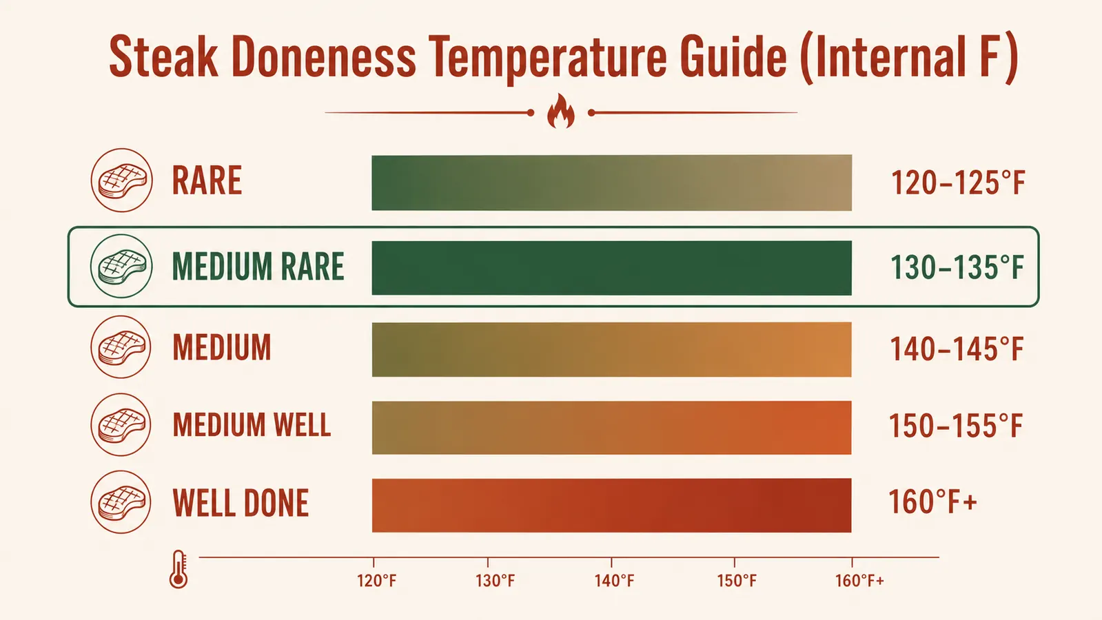 Chart showing steak doneness temperature ranges from rare to well-done with color-coded internal temperature guide