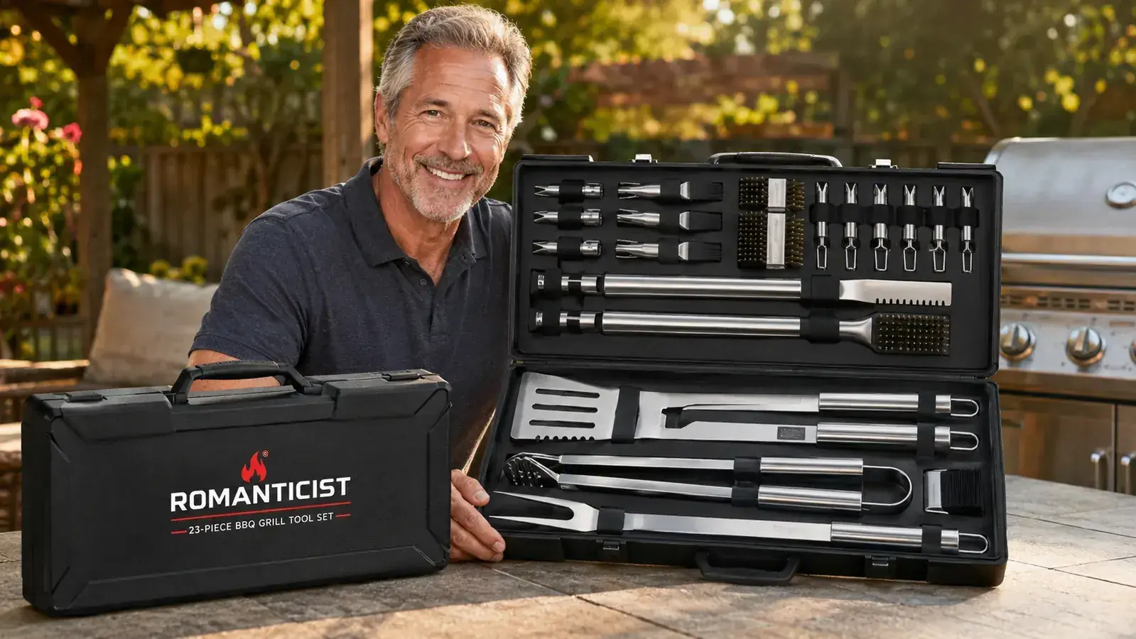 ROMANTICIST 23-piece BBQ tool set laid out on a wooden picnic table beside a grill