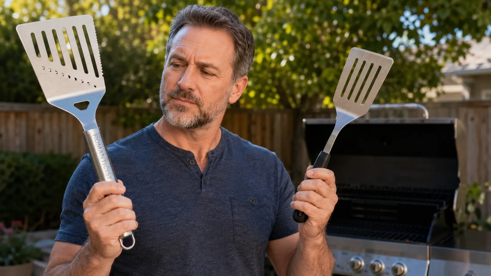 Hand gripping the ROMANTICIST heavy-duty spatula while flipping a thick ribeye steak on a hot charcoal grill grate