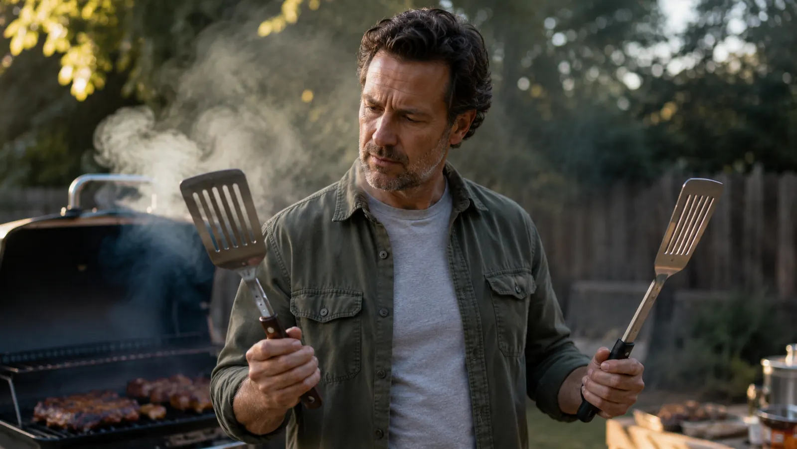 Griller at a backyard cookout using long-handled tongs to arrange chicken thighs over charcoal, guests visible in soft background bokeh