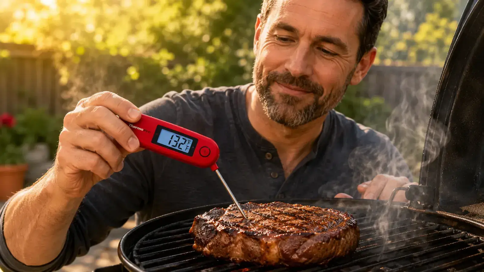 Hand pressing the ThermoPro TP19H probe into the thickest part of a chicken breast on a charcoal grill