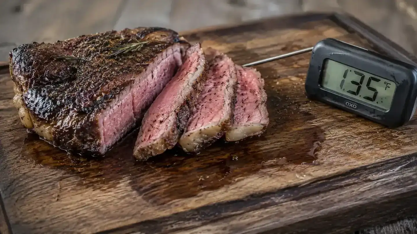 Backyard griller smiling while slicing into a perfectly cooked medium-rare steak, thermometer on the table beside him