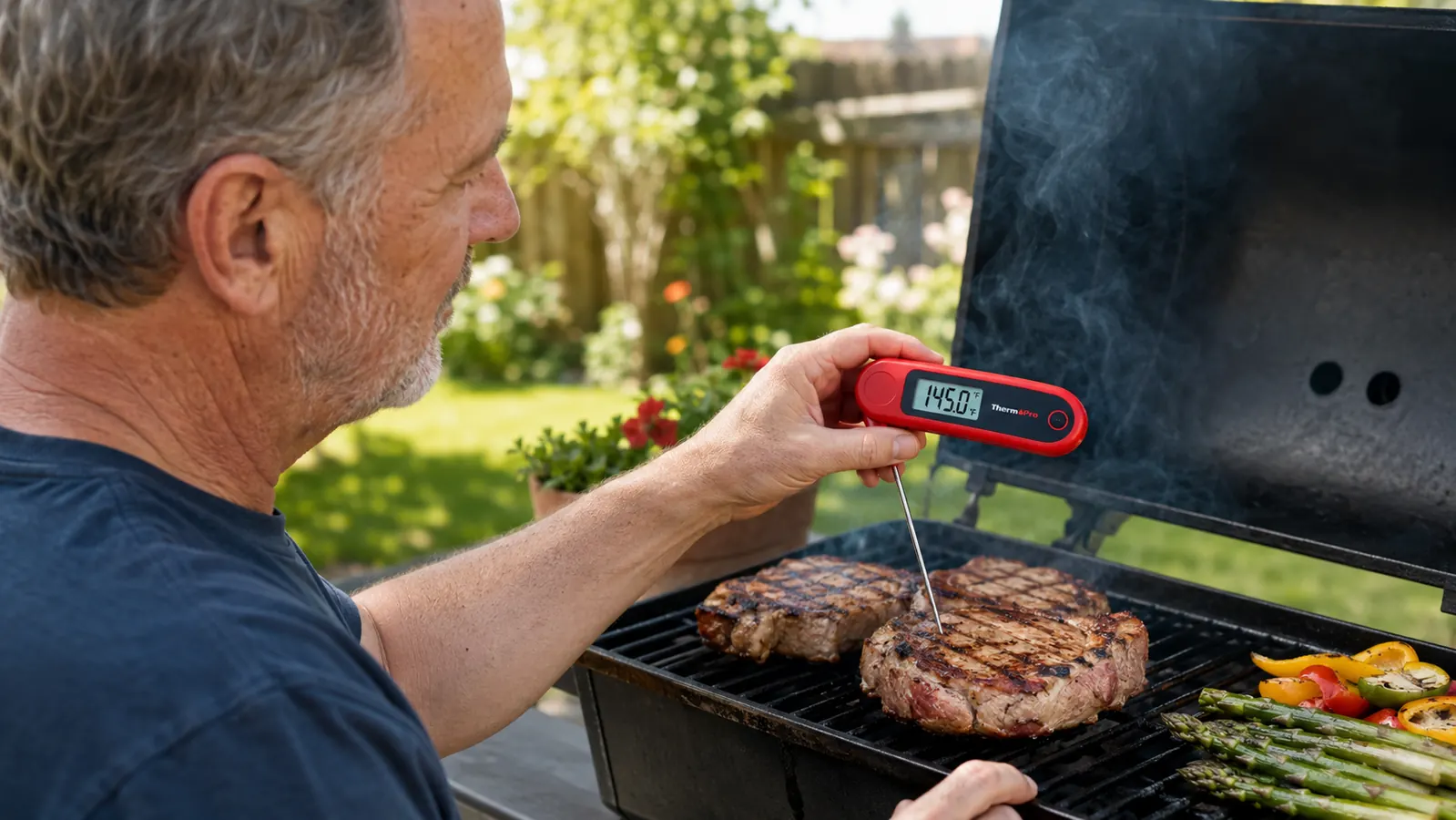 Hand pressing the ThermoPro TP19H probe into the thick center of a rib-eye steak on a hot grill grate