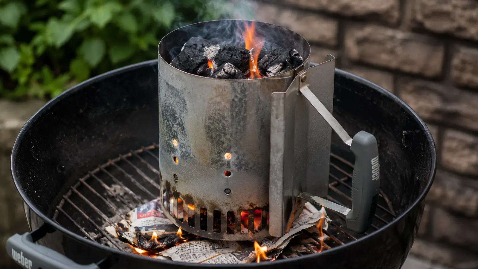Close-up of glowing orange charcoal coals being poured from a chimney starter into a grill, smoke rising