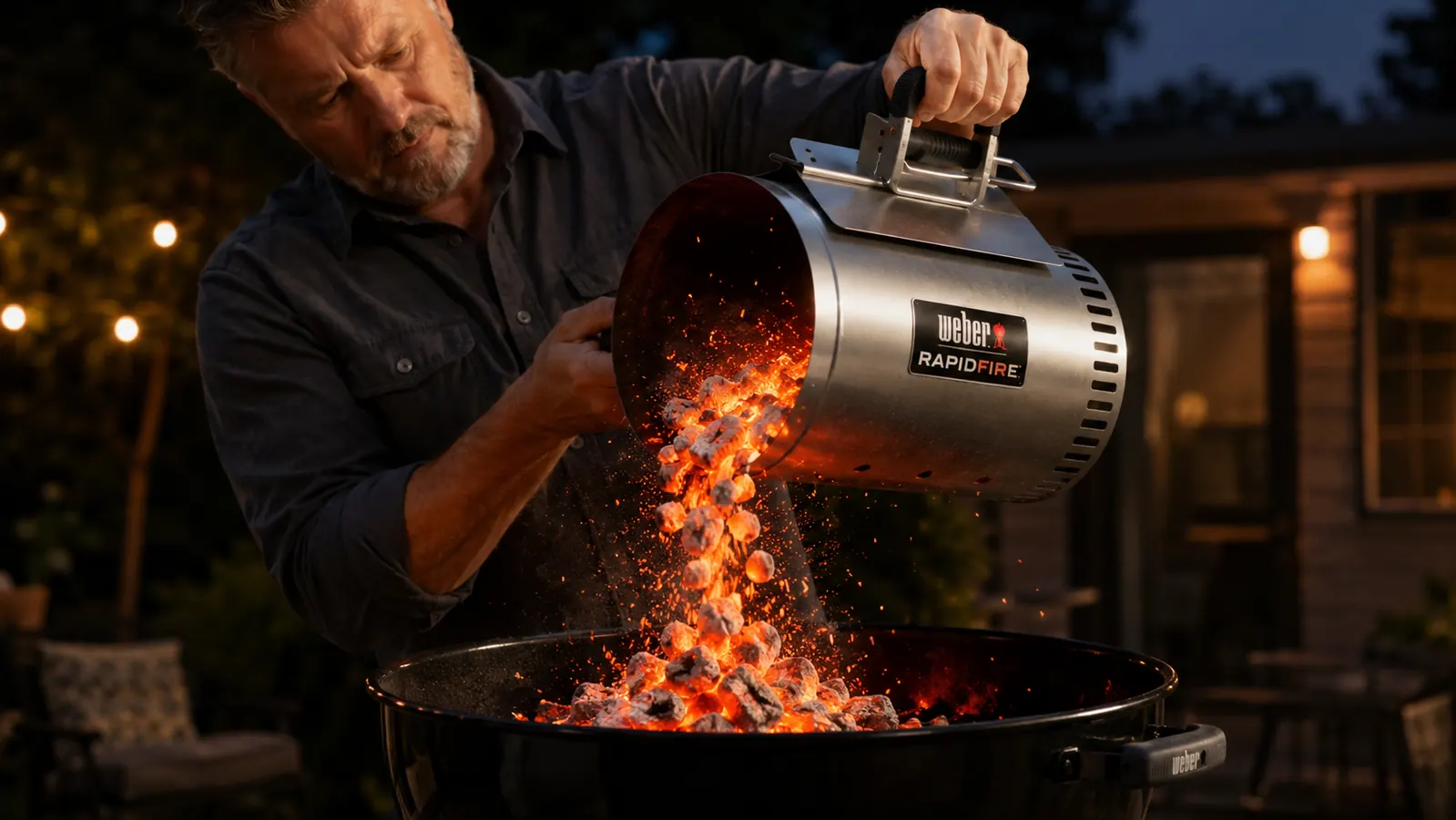Weber chimney starter sitting on a fireproof surface with newspaper tucked underneath, ready to light