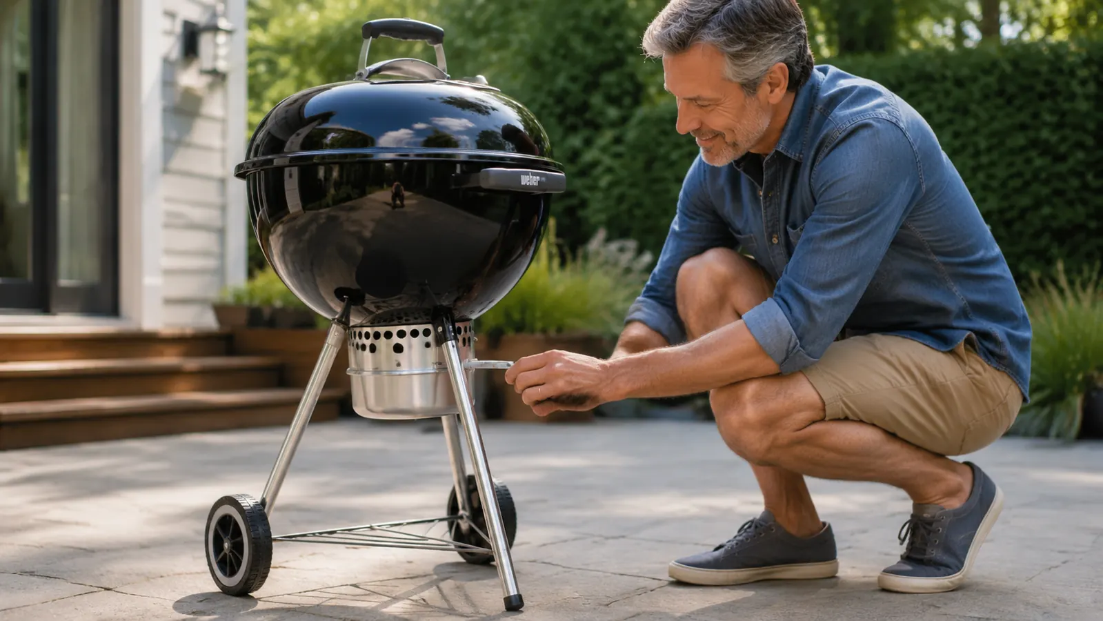 Close-up of a Weber kettle grill with lid on, charcoal glowing orange through the bottom vent, ash catcher visible below