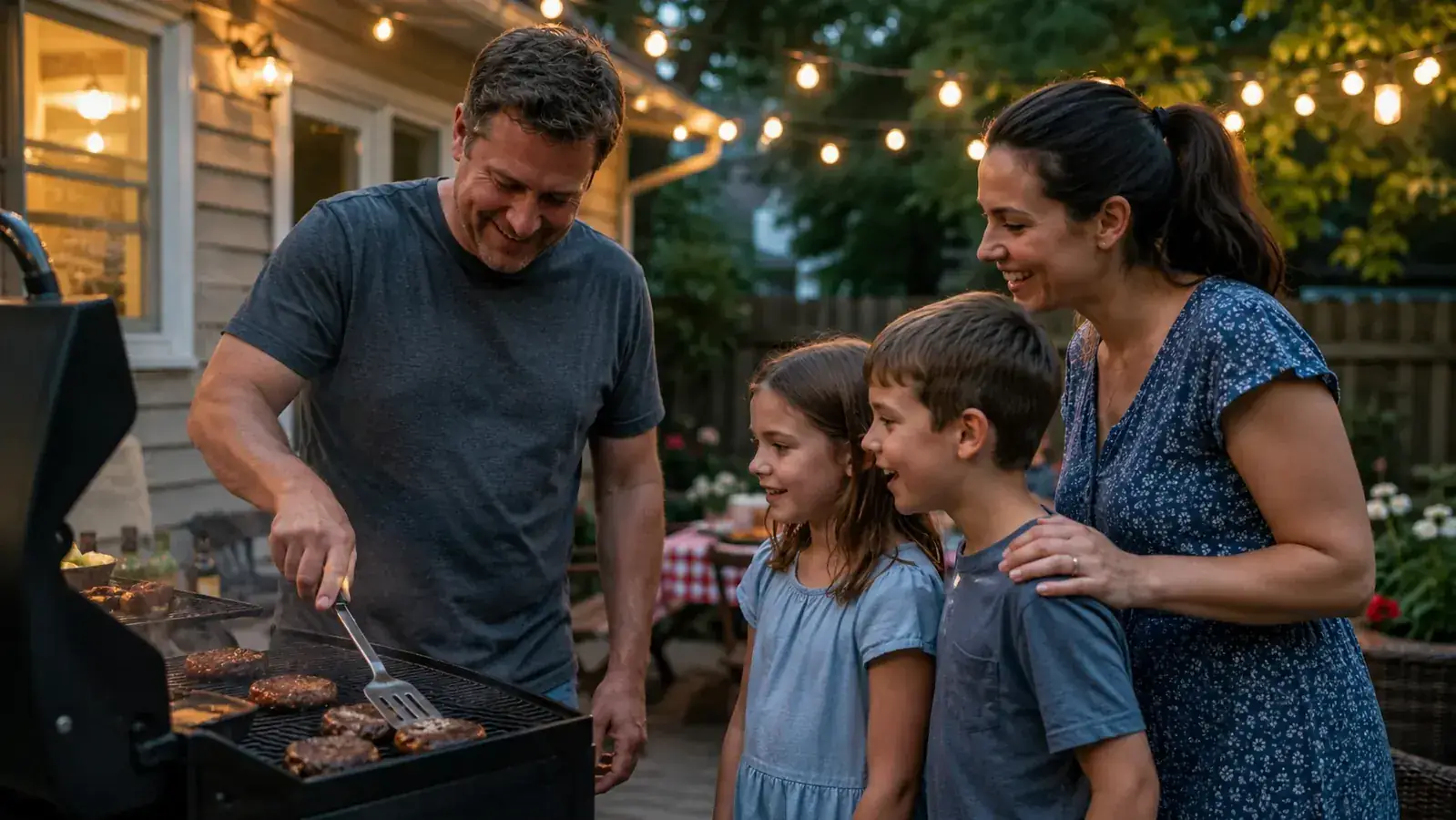 Friends gathered around a Weber kettle grill at a backyard cookout, plates in hand, laughing