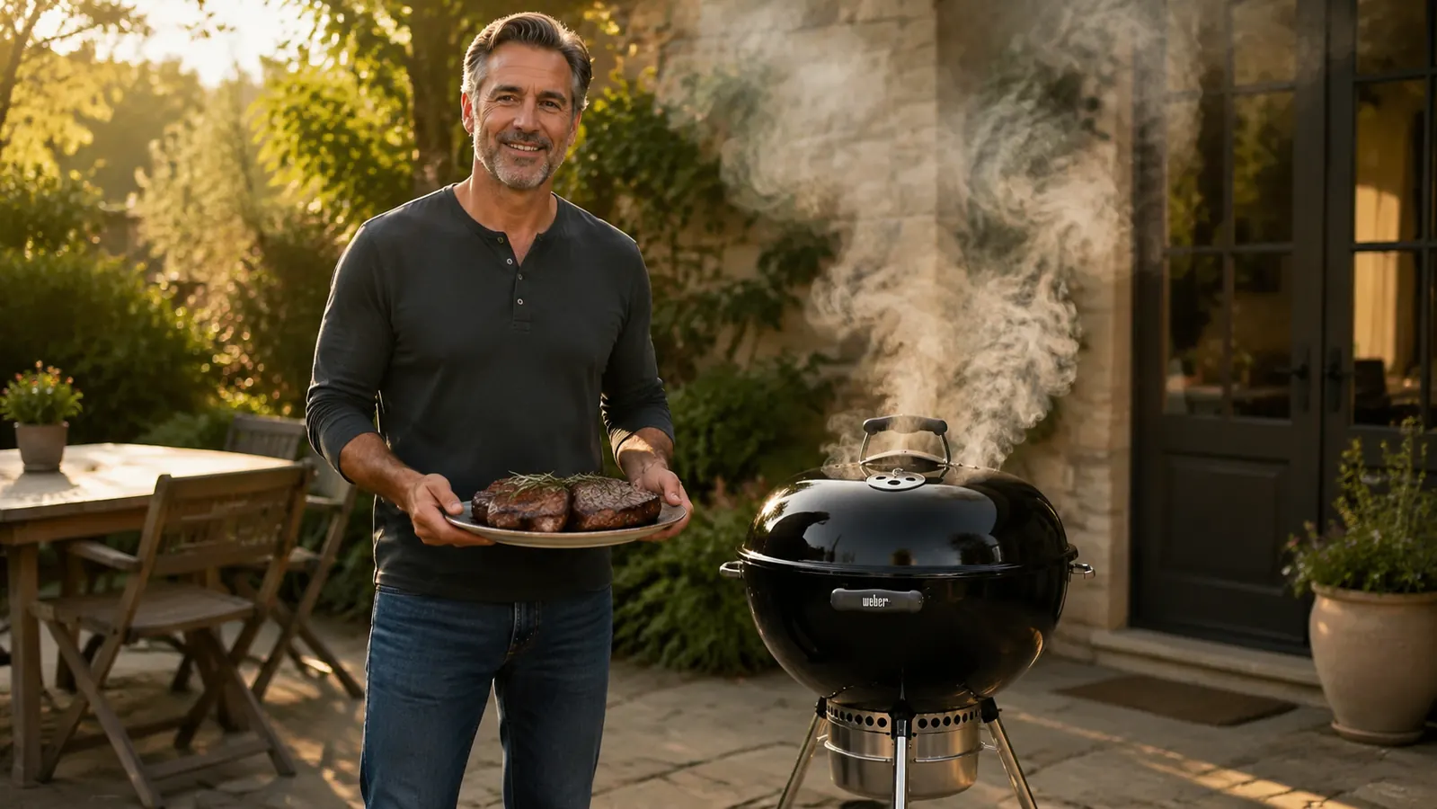 Weber kettle grill lid thermometer showing temperature reading with condensation on the exterior bowl