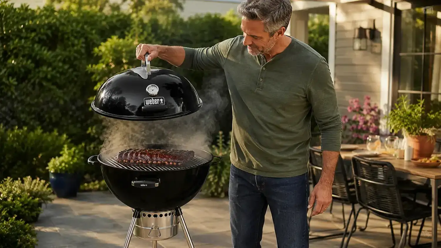 Hands adjusting the bottom vent on the Weber kettle grill to control airflow during a low-and-slow cook