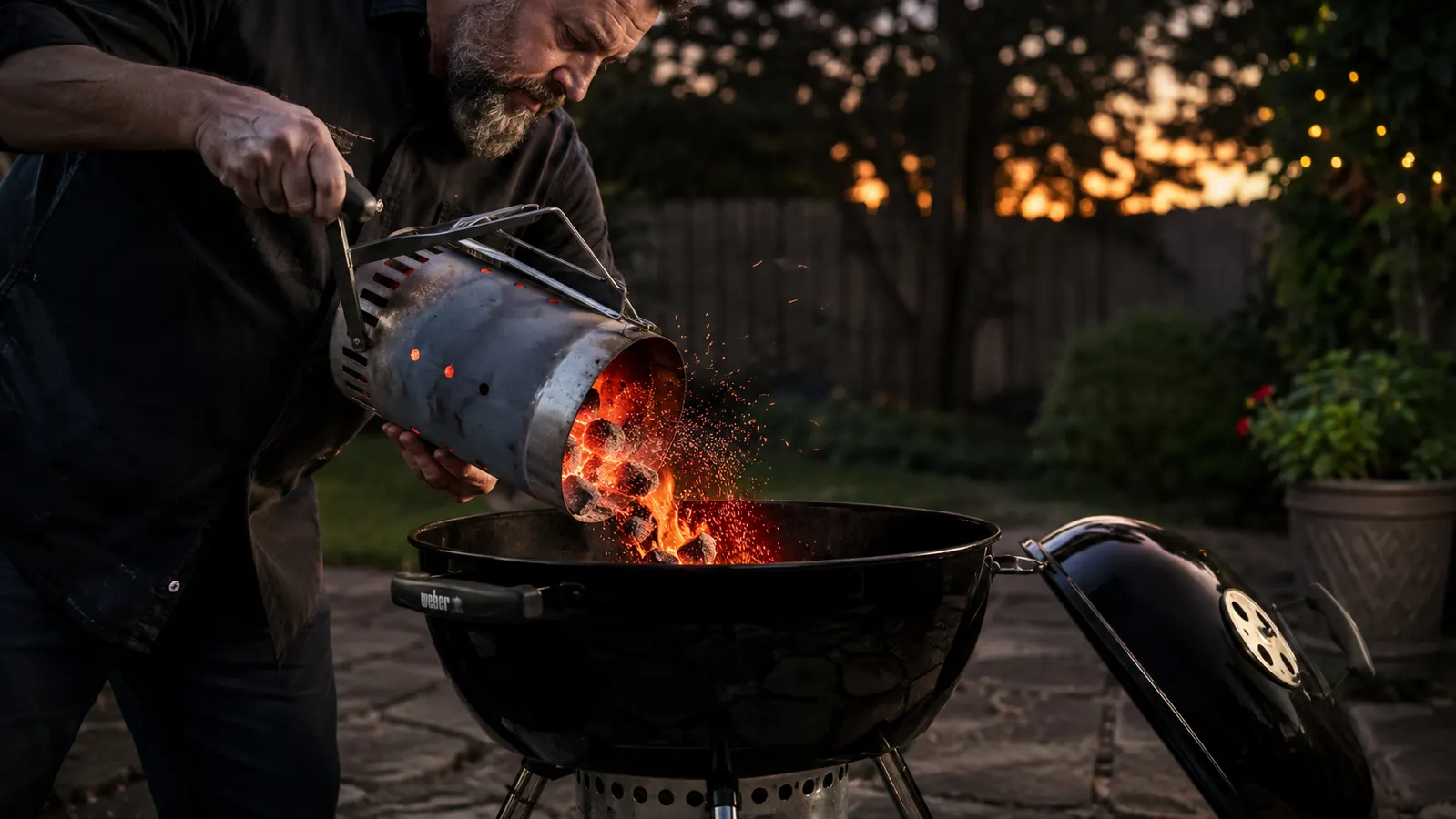 Two-zone charcoal setup inside the Weber kettle grill, coals banked to one side for indirect heat cooking